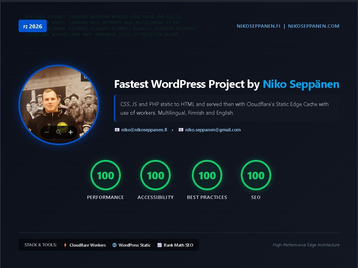 HTML Static WordPress 100% Pagespeed Google PageSpeed 100 -pisteet saavuttanut WordPress-sivuston suorituskykymittari. Sivusto on optimoitu Cloudflare Workers Edge Cache -arkkitehtuurilla, tekijä Niko Seppänen.